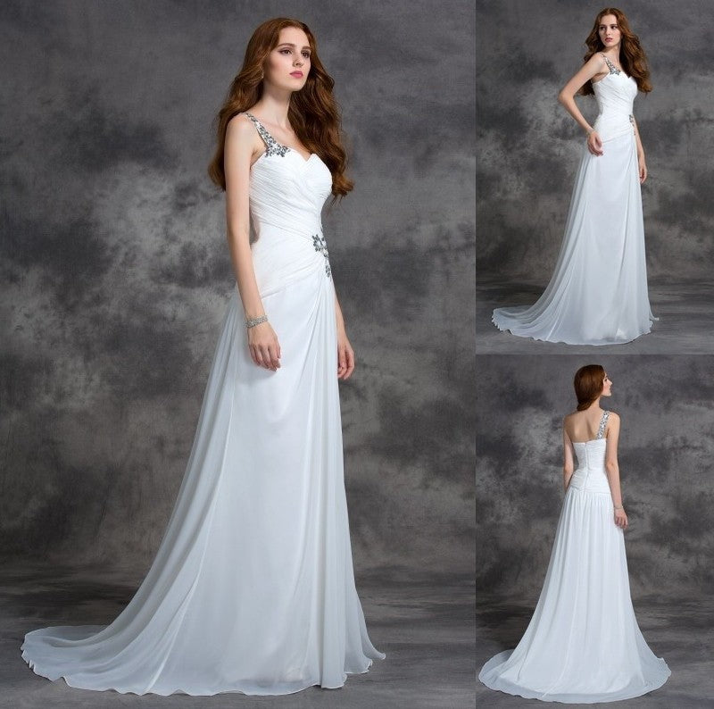 Beading One-Shoulder Sleeveless A-line/Princess Long Chiffon Dresses