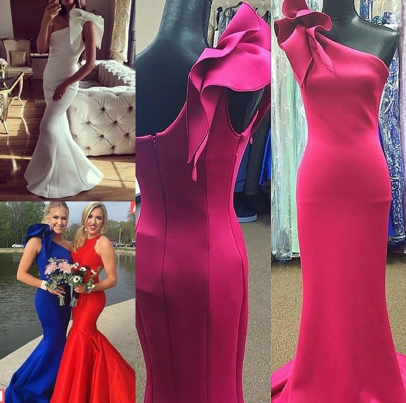 One-Shoulder Trumpet/Mermaid Sleeveless Sweep/Brush Train Ruffles Stretch Crepe Dresses