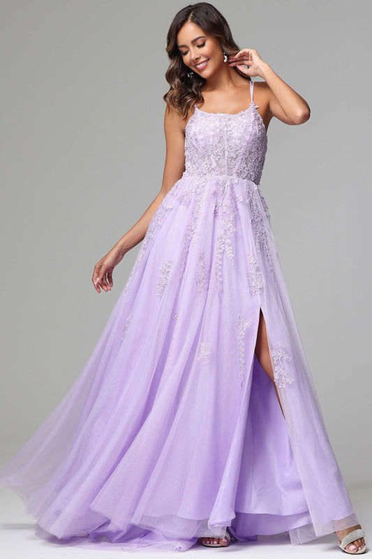 Lilac Spaghetti Straps Lace Appliques Wedding Guest Dresses