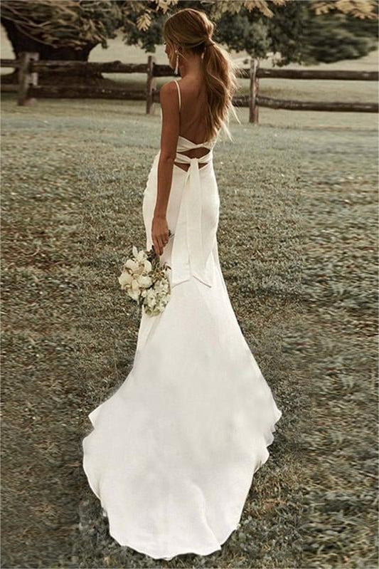 Chic Spaghetti Straps Sleeveless Backless Sweep Train Wedding Dresses